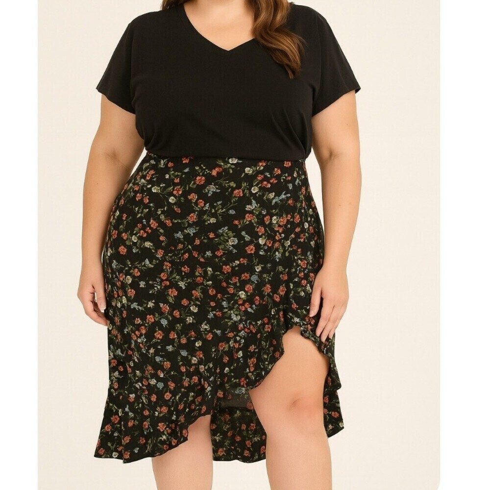 Shein Curve plus size skirt asymmetrical floral print high slit ruffle trim 0XL